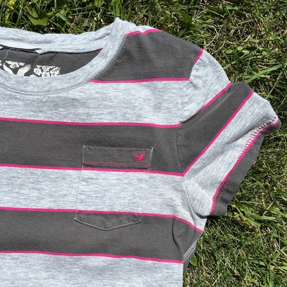Vtg American Eagle Outfitters Gray Pink Striped Baby Tee Shirt Small Y2K Pocket - Picture 4 of 4